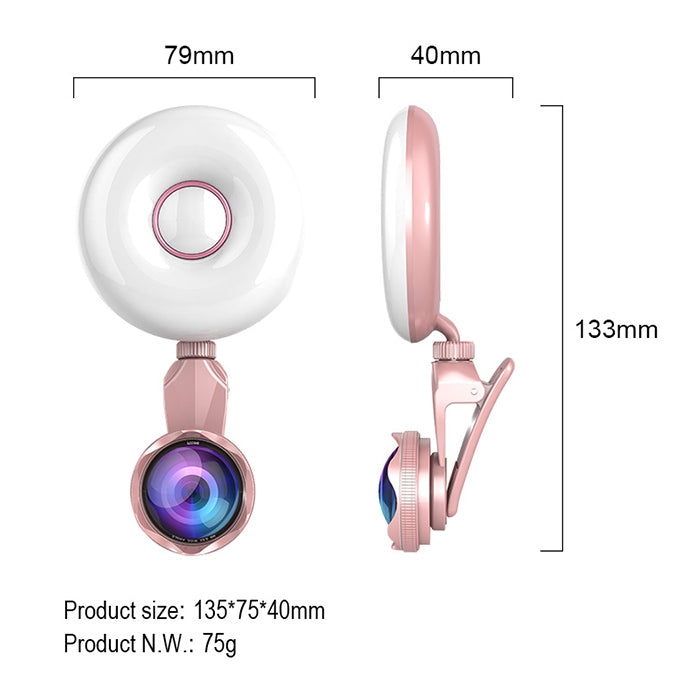 RK33C Professional Beauty Selfie Light Selfie Clip Flash Fill Light with HD 4K Wide Angle / 20X Macro Lens
