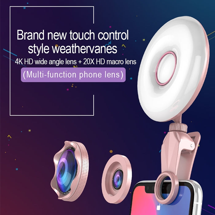 RK33C Professional Beauty Selfie Light Selfie Clip Flash Fill Light with HD 4K Wide Angle / 20X Macro Lens