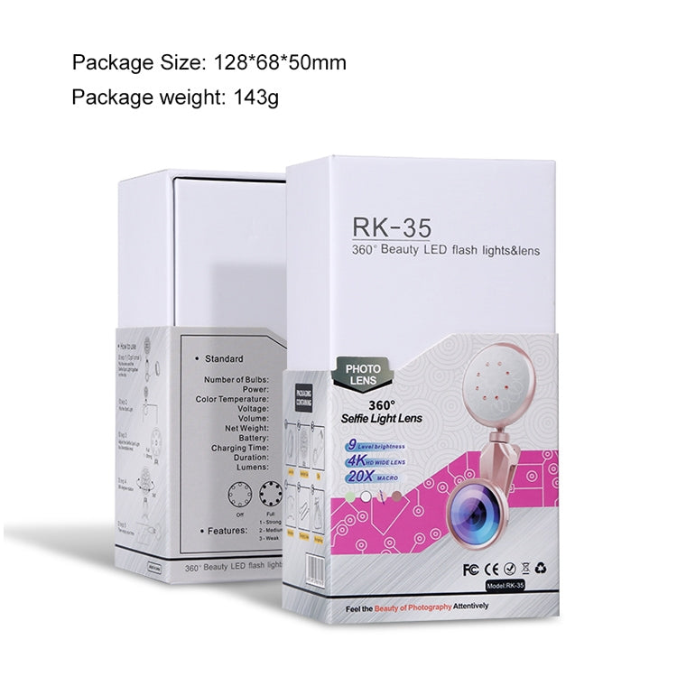 RK35B Professional Beauty Selfie Light Selfie Clip Flash Fill Light with HD 4K Wide Angle / 50X Macro Lens