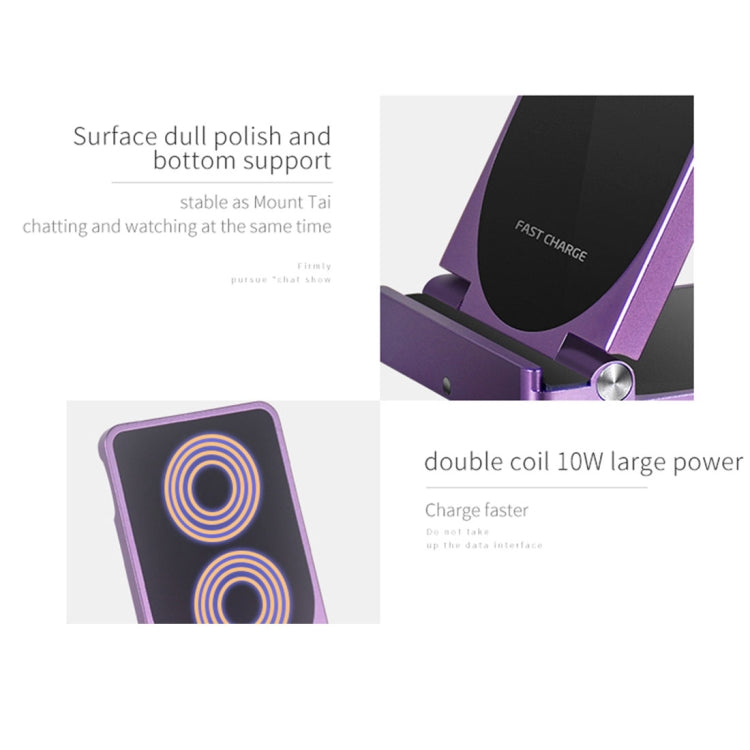 Q6 Desktop Foldable Aluminium Alloy Phone Holder 10W Dual Coils Fast Charging Qi Wireless Charger, For iPhone, Galaxy, Sony, Lenovo, HTC, Huawei and other Smartphones(Purple)