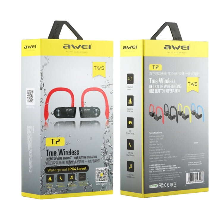 AWEI T2 Sports Headset IPX4 Waterproof Wireless Bluetooth V4.2 In-ear Stereo Earphone, Support TWS, For iPhone, Samsung, Huawei, Xiaomi, HTC and Other Smartphones
