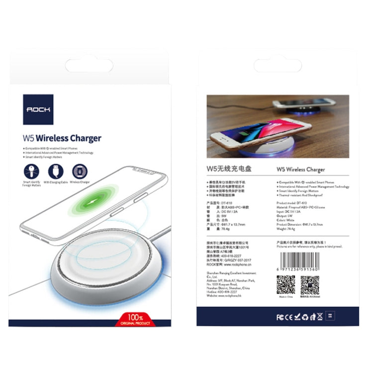 ROCK W5 DC 5V 2A 5W Max Output Qi Standard Wireless Charger, For iPhone X & 8 & 8 Plus, Galaxy S8 & S8+, LG G3 & G2 & G10, Nokia Lumia 820 & Lumia 830 / Lumia 920 & Lumia 930, Google Nexus 6 & 5 & 4 and Other QI Standard Smartphones