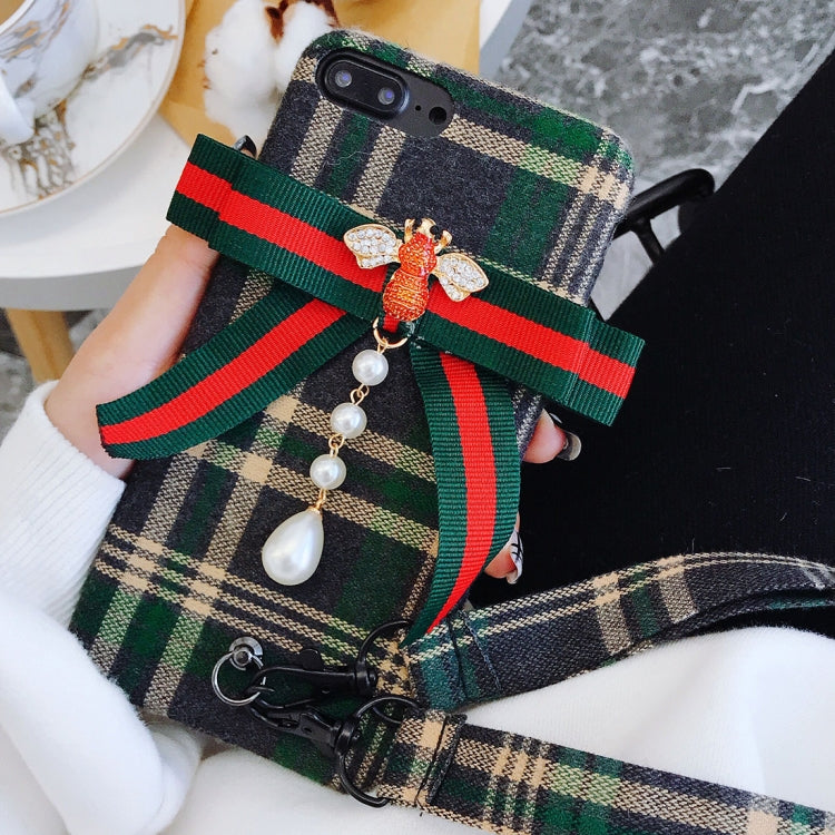 For iPhone 8 Plus & 7 Plus Plaid Bowknot Style Protective Back Cover with Lanyard & Sling