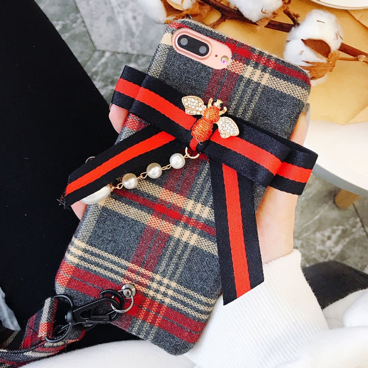For iPhone 8 Plus & 7 Plus Plaid Bowknot Style Protective Back Cover with Lanyard & Sling