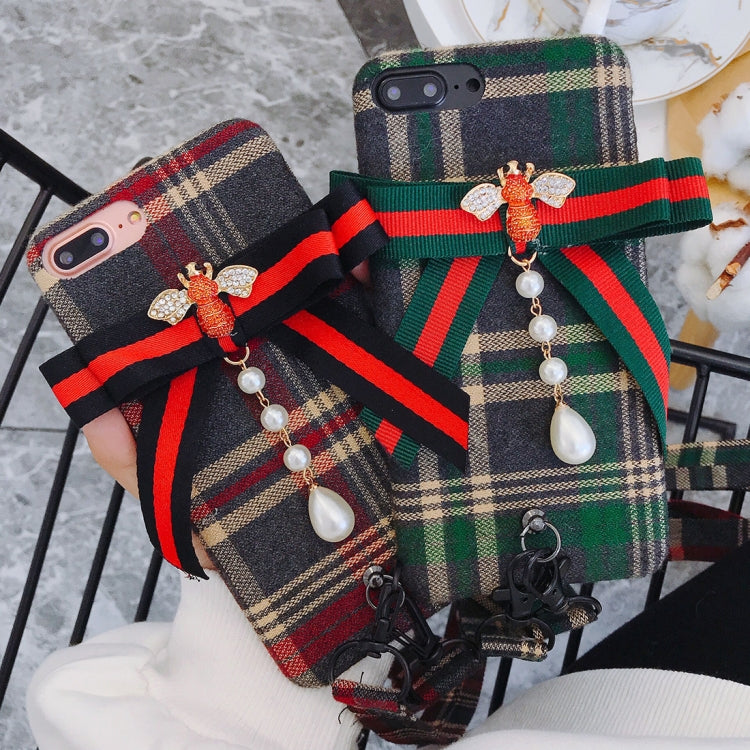For iPhone 8 Plus & 7 Plus Plaid Bowknot Style Protective Back Cover with Lanyard & Sling