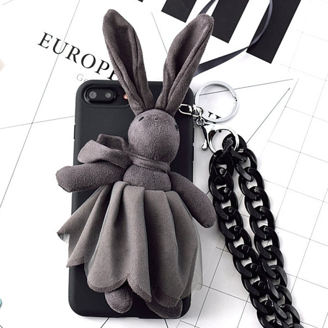 For iPhone 8 Plus & 7 Plus Fashion Furry Cloth Princess Rabbit Protective Back Cover Case with Chain(Black)