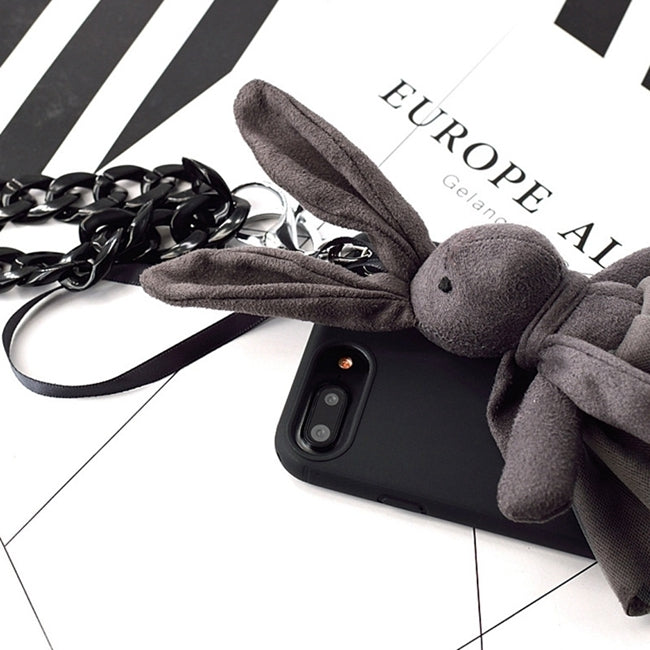 For iPhone 8 Plus & 7 Plus Fashion Furry Cloth Princess Rabbit Protective Back Cover Case with Chain(Black)