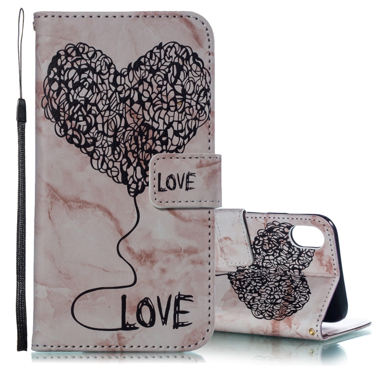 For iPhone X / XS Heart + Marble Pattern Horizontal Flip Leather Case with Holder & Card Slots & Wallet & Lanyard