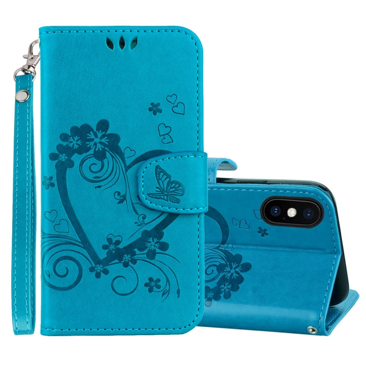 For iPhone XS Max Embossed Heart Butterfly Pattern Horizontal Flip Leather Case with Card Slot & Holder & Wallet & Lanyard