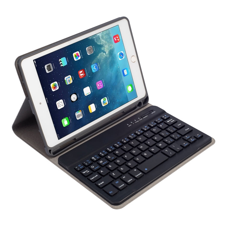 RK405 For iPad mini 5 / 4 Silk Texture Detachable Plastic Bluetooth Keyboard Leather Tablet Case with Pen Slot & Stand Function