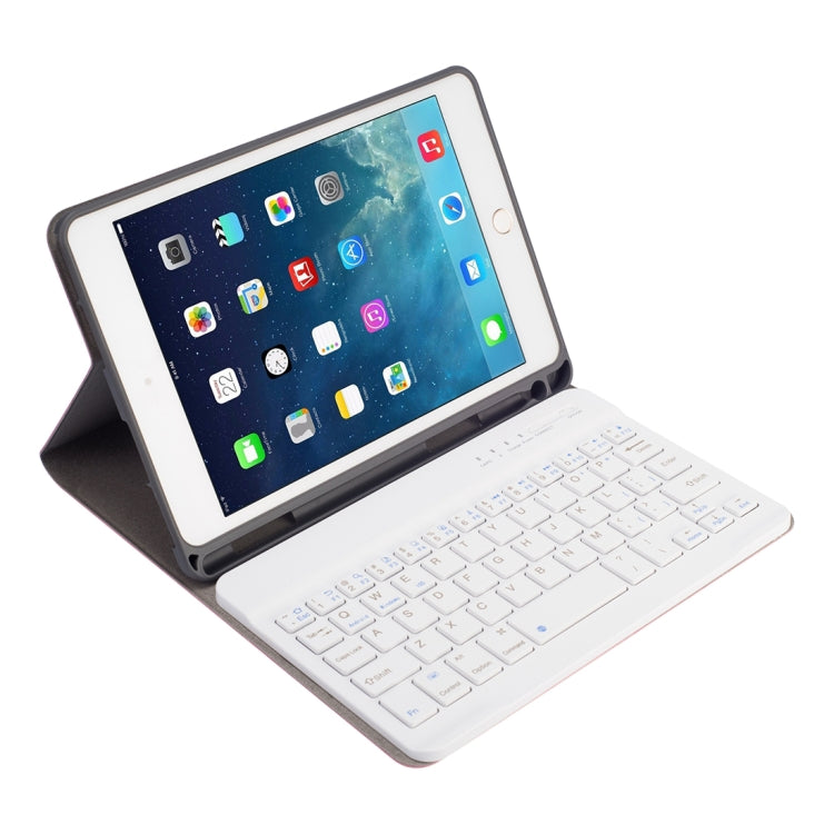 RK405 For iPad mini 5 / 4 Silk Texture Detachable Plastic Bluetooth Keyboard Leather Tablet Case with Pen Slot & Stand Function