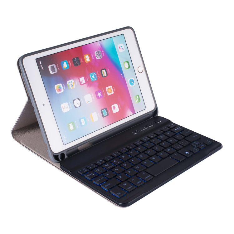 RK405D For iPad mini 5 / 4 Backlight Version Silk Texture Detachable Plastic Bluetooth Keyboard Leather Tablet Case with Stand & Pen Slot Function
