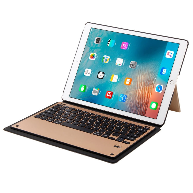 1098B For iPad Pro 12.9 inch (2017) / (2015) Lambskin Texture Detachable Aluminum Alloy Bluetooth Keyboard Leather Tablet Case with Stand Function(Gold)
