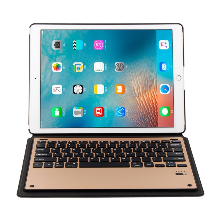1098B For iPad Pro 12.9 inch (2017) / (2015) Lambskin Texture Detachable Aluminum Alloy Bluetooth Keyboard Leather Tablet Case with Stand Function(Gold)