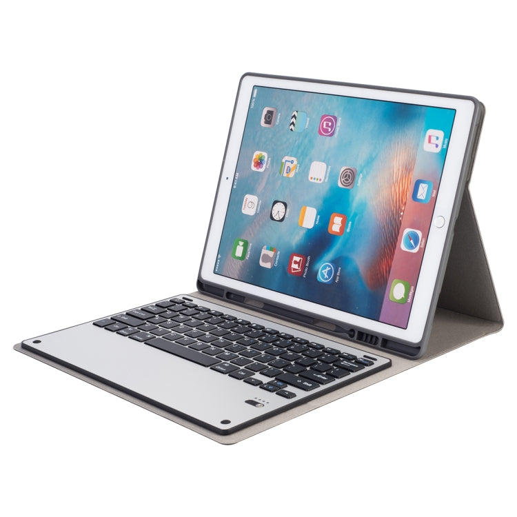 HK129 For iPad Pro 12.9 inch (2017) / (2015) Silk Texture Detachable Aluminum Alloy Bluetooth Keyboard Leather Tablet Case with Pen Slot & Stand Function
