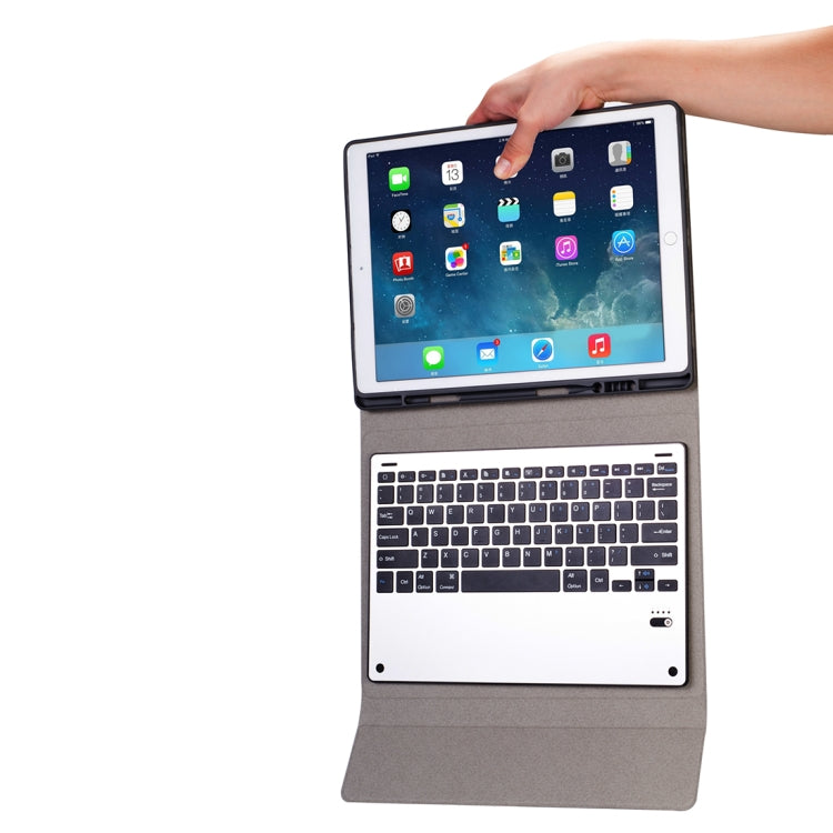 HK129 For iPad Pro 12.9 inch (2017) / (2015) Silk Texture Detachable Aluminum Alloy Bluetooth Keyboard Leather Tablet Case with Pen Slot & Stand Function