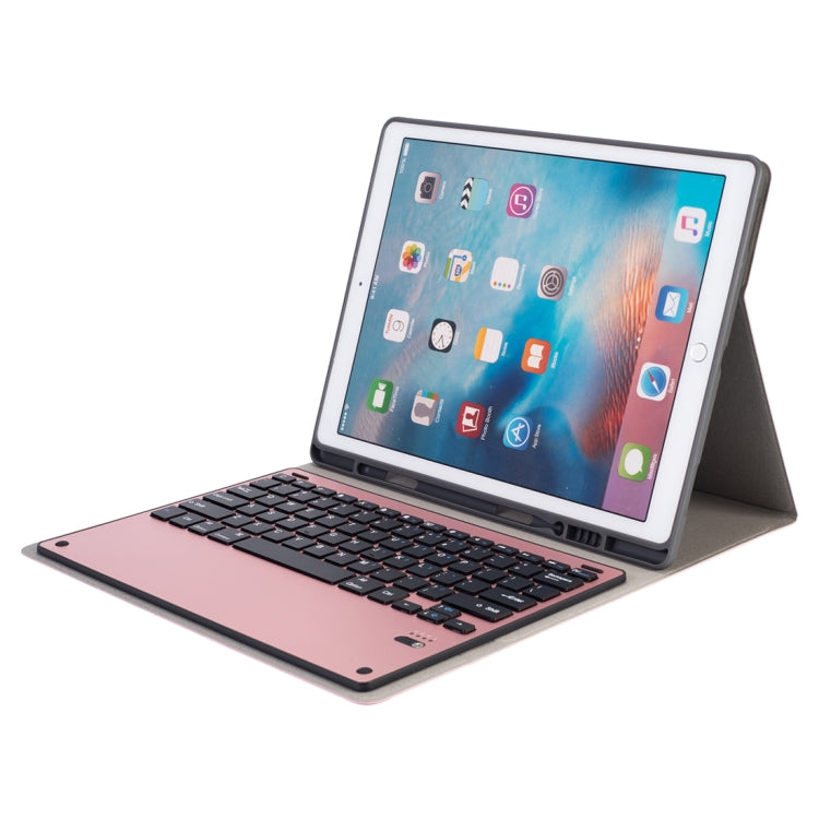 HK129 For iPad Pro 12.9 inch (2017) / (2015) Silk Texture Detachable Aluminum Alloy Bluetooth Keyboard Leather Tablet Case with Pen Slot & Stand Function