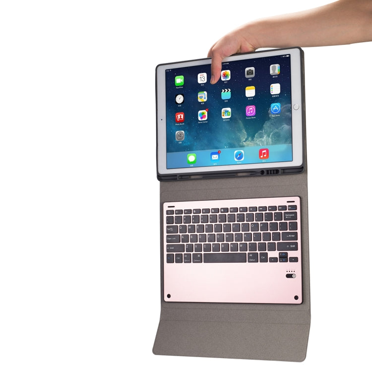 HK129 For iPad Pro 12.9 inch (2017) / (2015) Silk Texture Detachable Aluminum Alloy Bluetooth Keyboard Leather Tablet Case with Pen Slot & Stand Function
