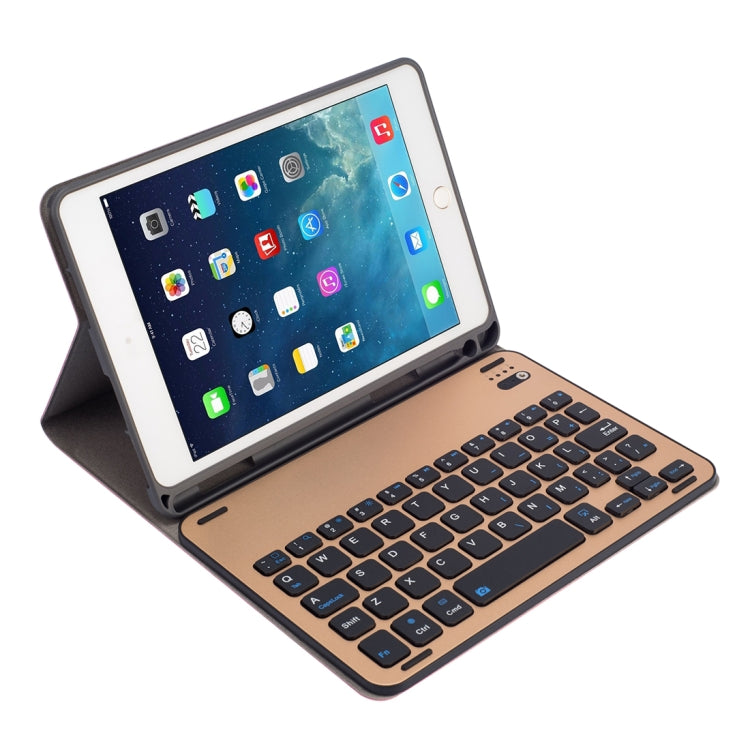 RK845 For iPad iPad mini 5 / 4 Silk Texture Detachable Aluminum Alloy Bluetooth Keyboard Leather Tablet Case with Pen Slot & Stand Function