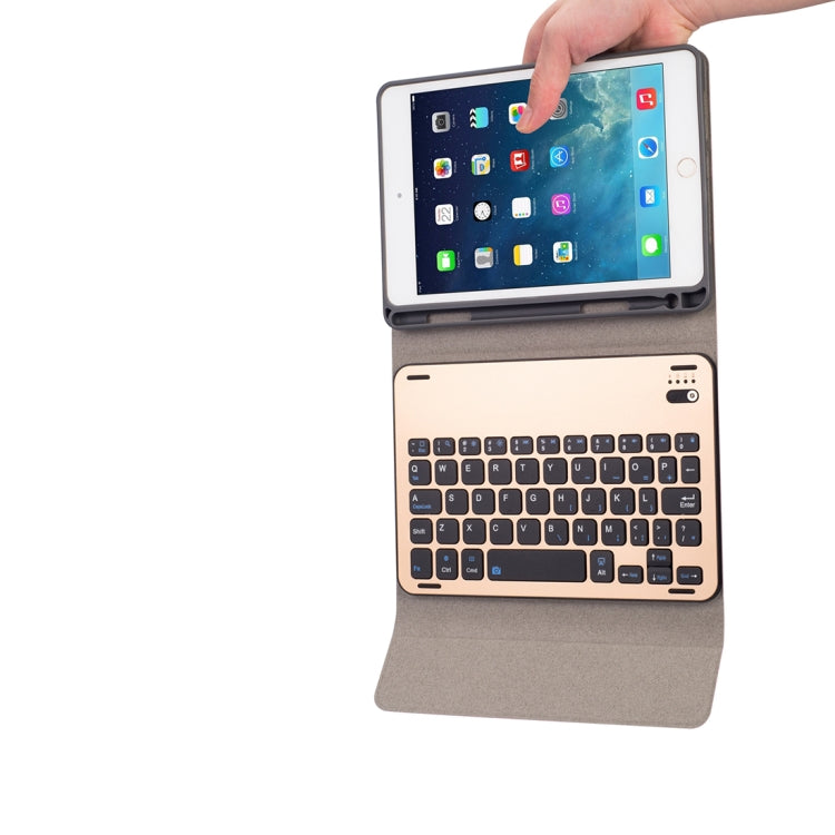 RK845 For iPad iPad mini 5 / 4 Silk Texture Detachable Aluminum Alloy Bluetooth Keyboard Leather Tablet Case with Pen Slot & Stand Function