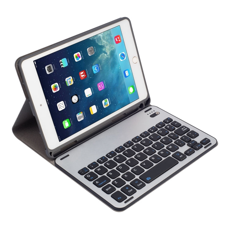 RK845 For iPad iPad mini 5 / 4 Silk Texture Detachable Aluminum Alloy Bluetooth Keyboard Leather Tablet Case with Pen Slot & Stand Function