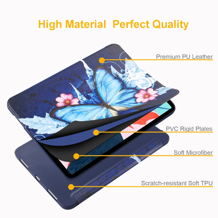 Horizontal Flip Blue Butterfly Pattern Colored Painted Leather Case for iPad Pro 11 inch (2018), with Three-folding Holder & Wake-up / Sleep Function