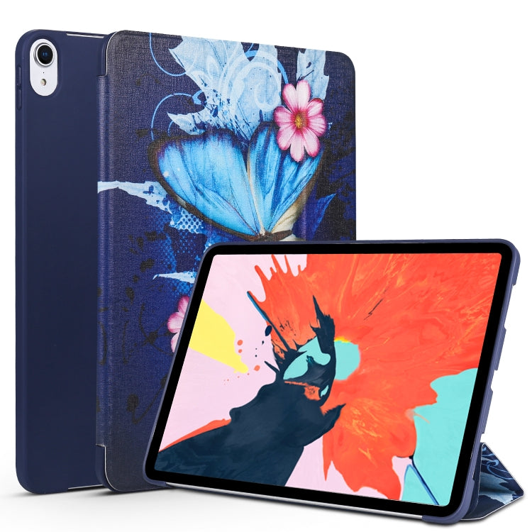 Horizontal Flip Blue Butterfly Pattern Colored Painted Leather Case for iPad Pro 11 inch (2018), with Three-folding Holder & Wake-up / Sleep Function