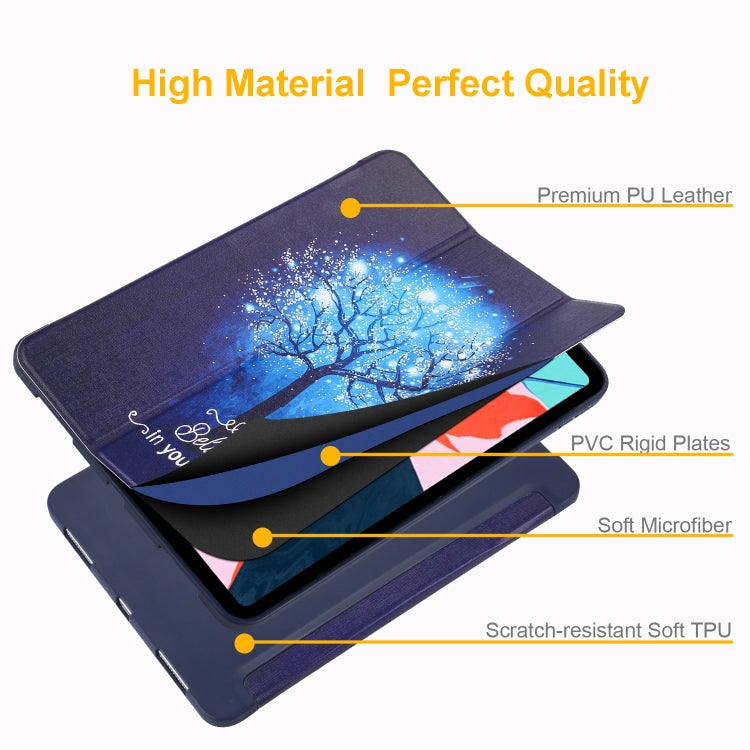 Horizontal Flip Blue Tree Pattern Colored Painted Leather Case for iPad Pro 11 inch (2018), with Three-folding Holder & Wake-up / Sleep Function