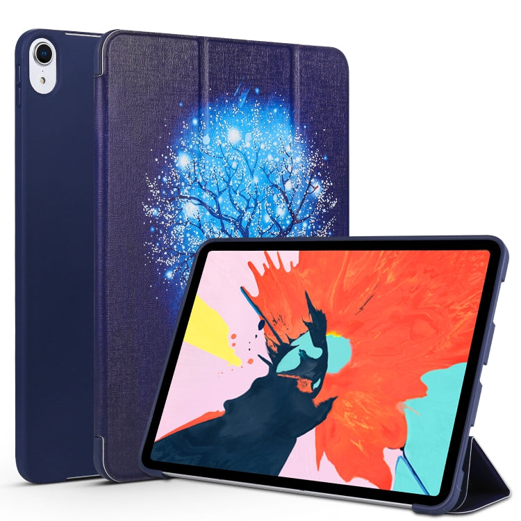 Horizontal Flip Blue Tree Pattern Colored Painted Leather Case for iPad Pro 11 inch (2018), with Three-folding Holder & Wake-up / Sleep Function