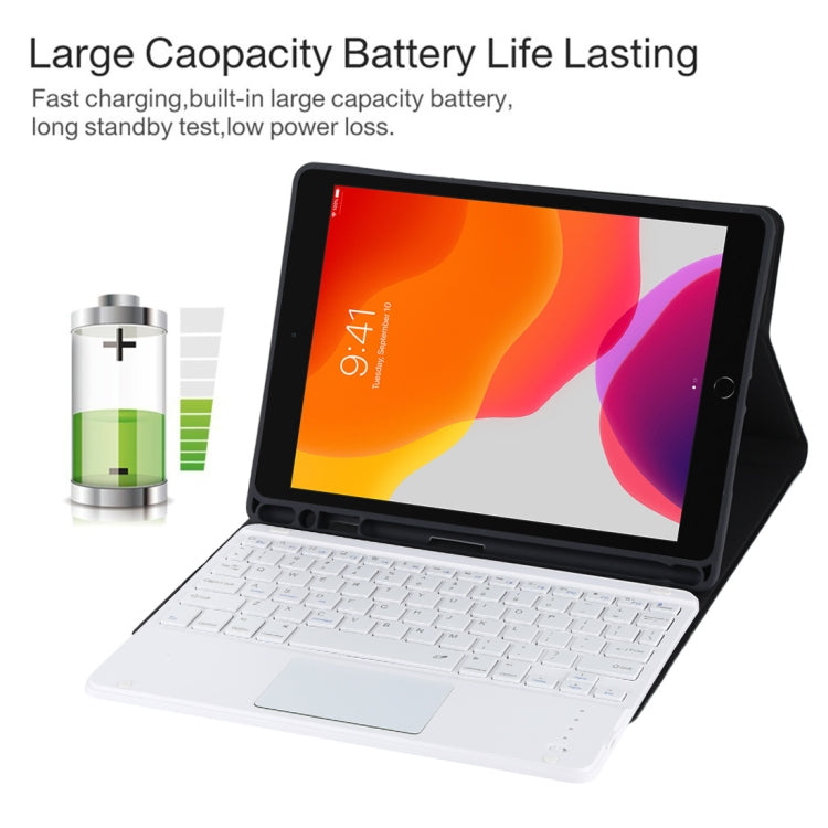 TG-102BC Detachable Bluetooth White Keyboard + Microfiber Leather Tablet Case for iPad 10.2 inch / iPad Air (2019), with Touch Pad & Pen Slot & Holder