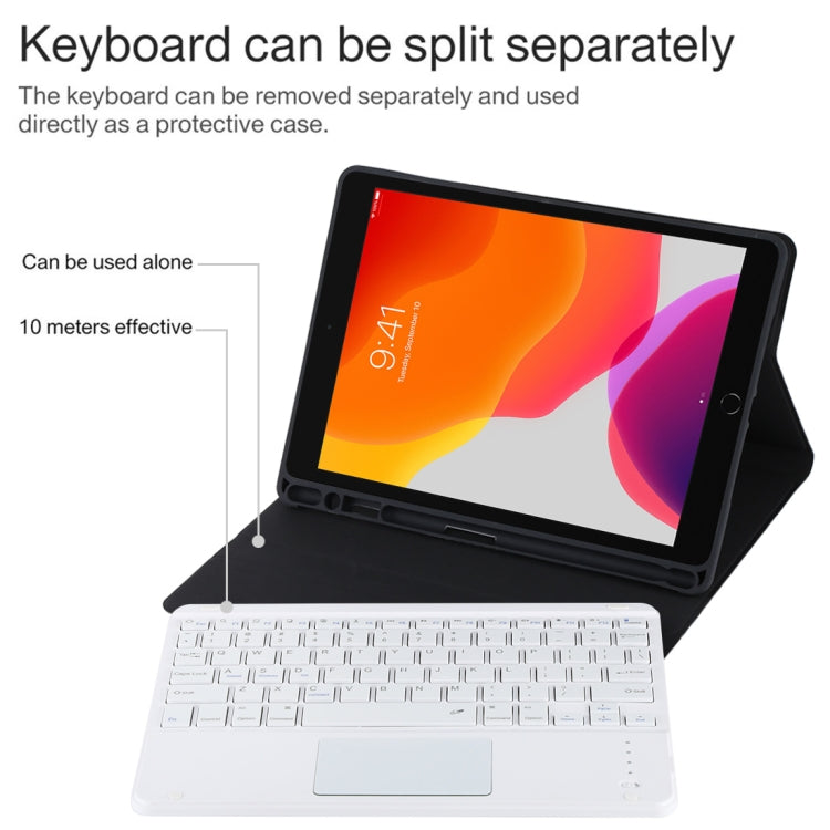 TG-102BC Detachable Bluetooth White Keyboard + Microfiber Leather Tablet Case for iPad 10.2 inch / iPad Air (2019), with Touch Pad & Pen Slot & Holder