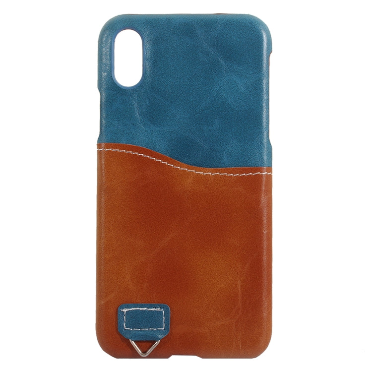 For iPhone X / XS PC + Leather Paste Contrast Color Protective Back Cover Case with Card Slot & Sling(Blue)