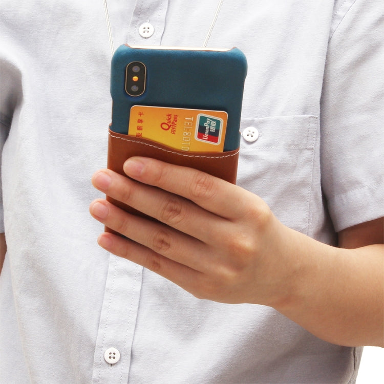 For iPhone X / XS PC + Leather Paste Contrast Color Protective Back Cover Case with Card Slot & Sling(Blue)