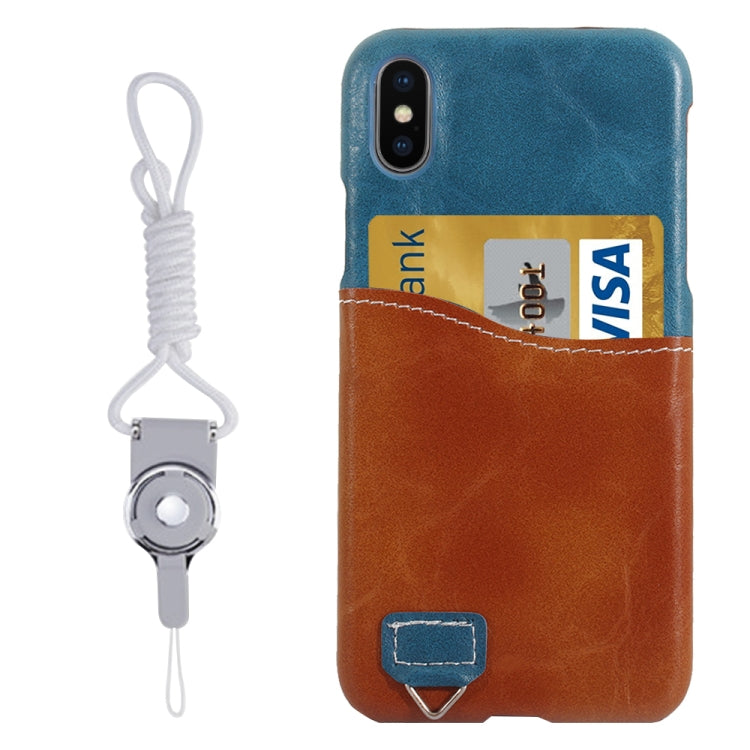 For iPhone X / XS PC + Leather Paste Contrast Color Protective Back Cover Case with Card Slot & Sling(Blue)