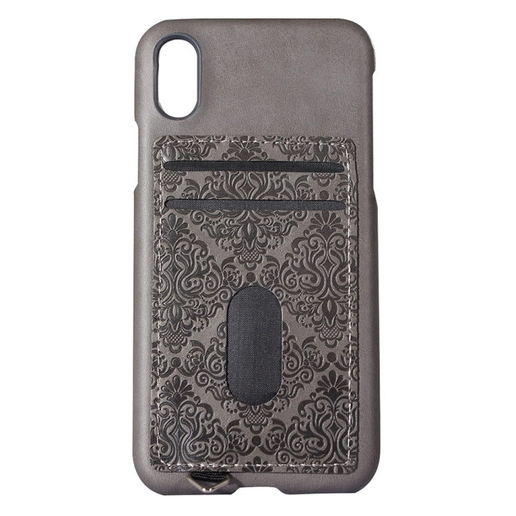 For iPhone X / XS PC + Leather Paste Pressed Flowers Texture Protective Back Cover Case with Card Slot & Sling (Grey)