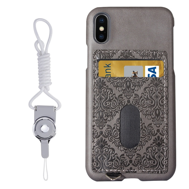 For iPhone X / XS PC + Leather Paste Pressed Flowers Texture Protective Back Cover Case with Card Slot & Sling (Grey)