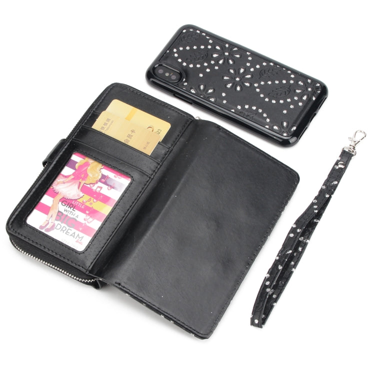 For iPhone X / XS Separable Maple Leaf Flower Litchi Texture Flip Leather Wallet Case with zipper & Card Slot & Photo Frame & Lanyard (Black)