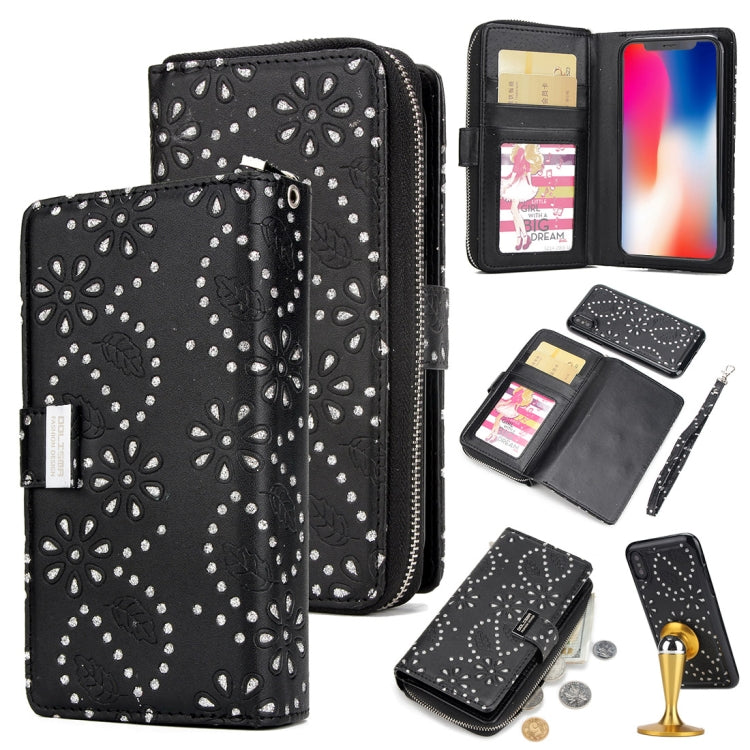 For iPhone X / XS Separable Maple Leaf Flower Litchi Texture Flip Leather Wallet Case with zipper & Card Slot & Photo Frame & Lanyard (Black)