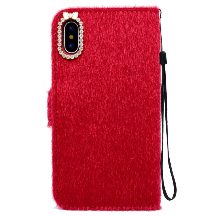 For iPhone X / XS Butterfly Knot Diamond Encrusted Horizontal Flip Plush Protective Back Cover with Holder & Card Slots & Wallet & Lanyard