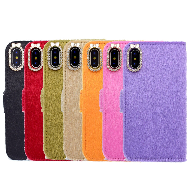 For iPhone X / XS Butterfly Knot Diamond Encrusted Horizontal Flip Plush Protective Back Cover with Holder & Card Slots & Wallet & Lanyard