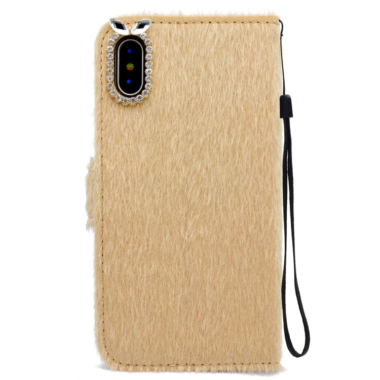 For iPhone X / XS Rabbit Ears Diamond Encrusted Horizontal Flip Plush Protective Back Cover with Holder & Card Slots & Wallet & Lanyard