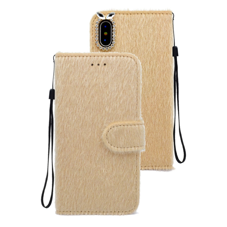 For iPhone X / XS Rabbit Ears Diamond Encrusted Horizontal Flip Plush Protective Back Cover with Holder & Card Slots & Wallet & Lanyard