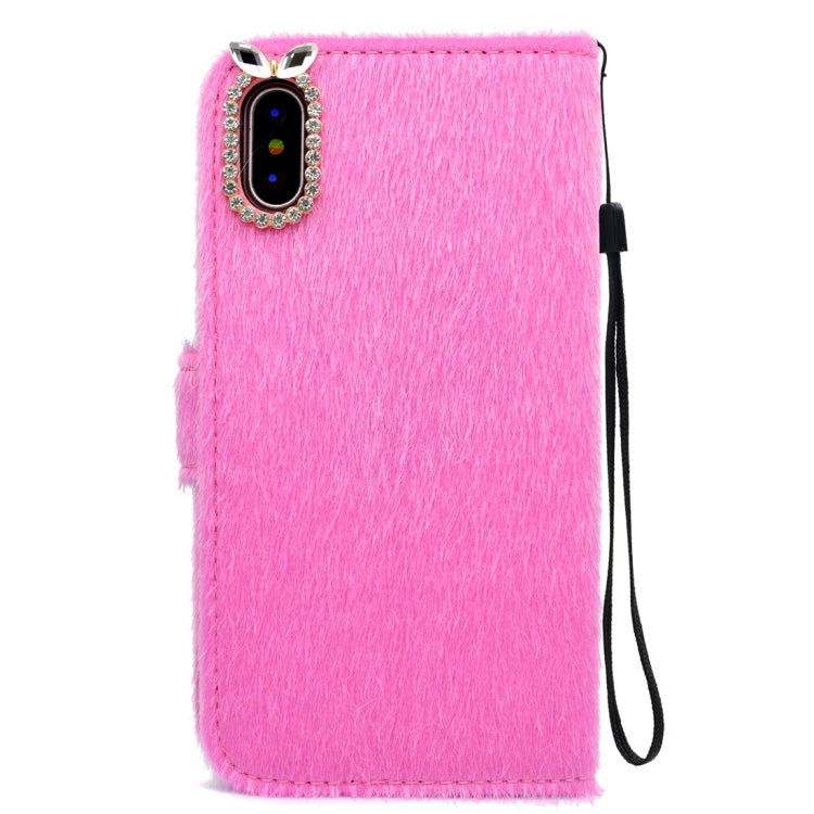 For iPhone X / XS Rabbit Ears Diamond Encrusted Horizontal Flip Plush Protective Back Cover with Holder & Card Slots & Wallet & Lanyard