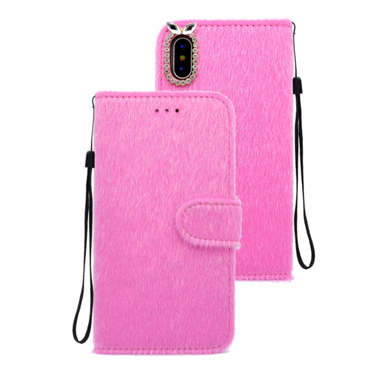 For iPhone X / XS Rabbit Ears Diamond Encrusted Horizontal Flip Plush Protective Back Cover with Holder & Card Slots & Wallet & Lanyard