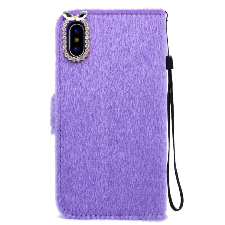 For iPhone X / XS Rabbit Ears Diamond Encrusted Horizontal Flip Plush Protective Back Cover with Holder & Card Slots & Wallet & Lanyard