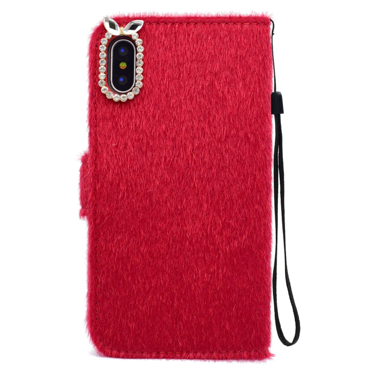 For iPhone X / XS Rabbit Ears Diamond Encrusted Horizontal Flip Plush Protective Back Cover with Holder & Card Slots & Wallet & Lanyard