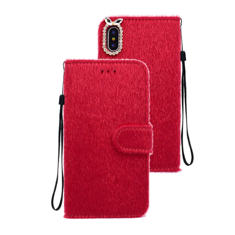 For iPhone X / XS Rabbit Ears Diamond Encrusted Horizontal Flip Plush Protective Back Cover with Holder & Card Slots & Wallet & Lanyard