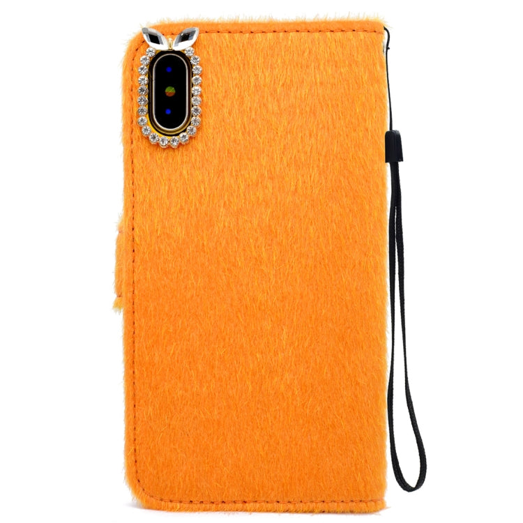 For iPhone X / XS Rabbit Ears Diamond Encrusted Horizontal Flip Plush Protective Back Cover with Holder & Card Slots & Wallet & Lanyard