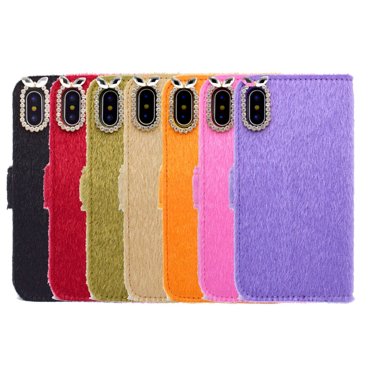 For iPhone X / XS Rabbit Ears Diamond Encrusted Horizontal Flip Plush Protective Back Cover with Holder & Card Slots & Wallet & Lanyard