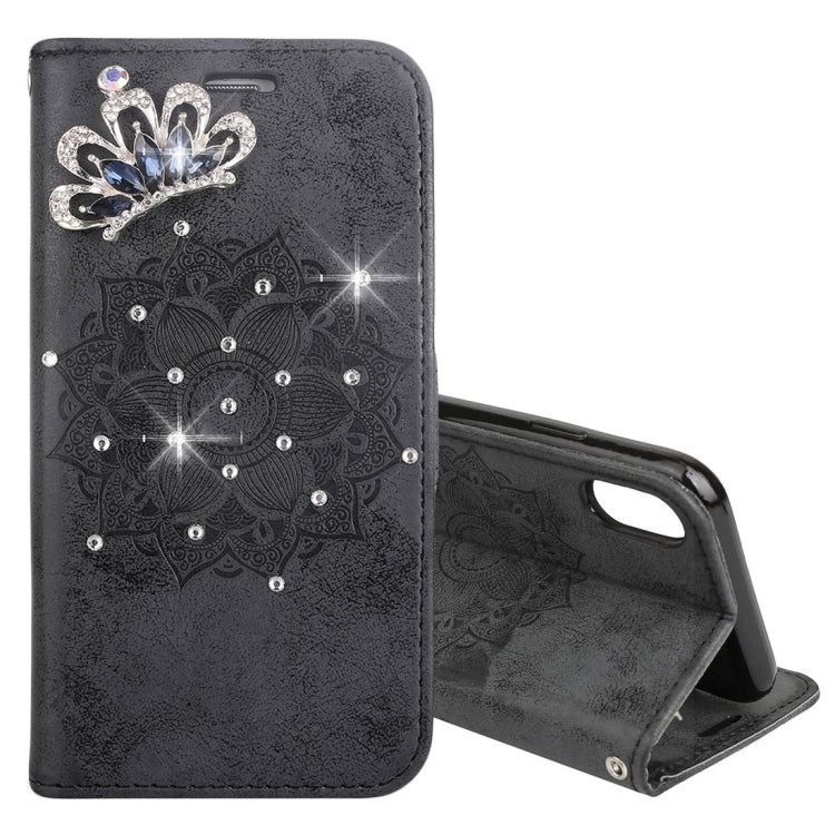 For iPhone X / XS Mandragora Pattern Crystal Encrusted Horizontal Flip Leather Case with Card Slot & Holder & Wallet & Lanyard